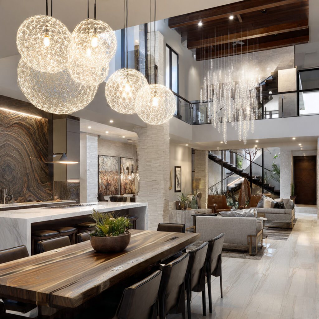 Statement Lighting Open Kitchen Living Idea