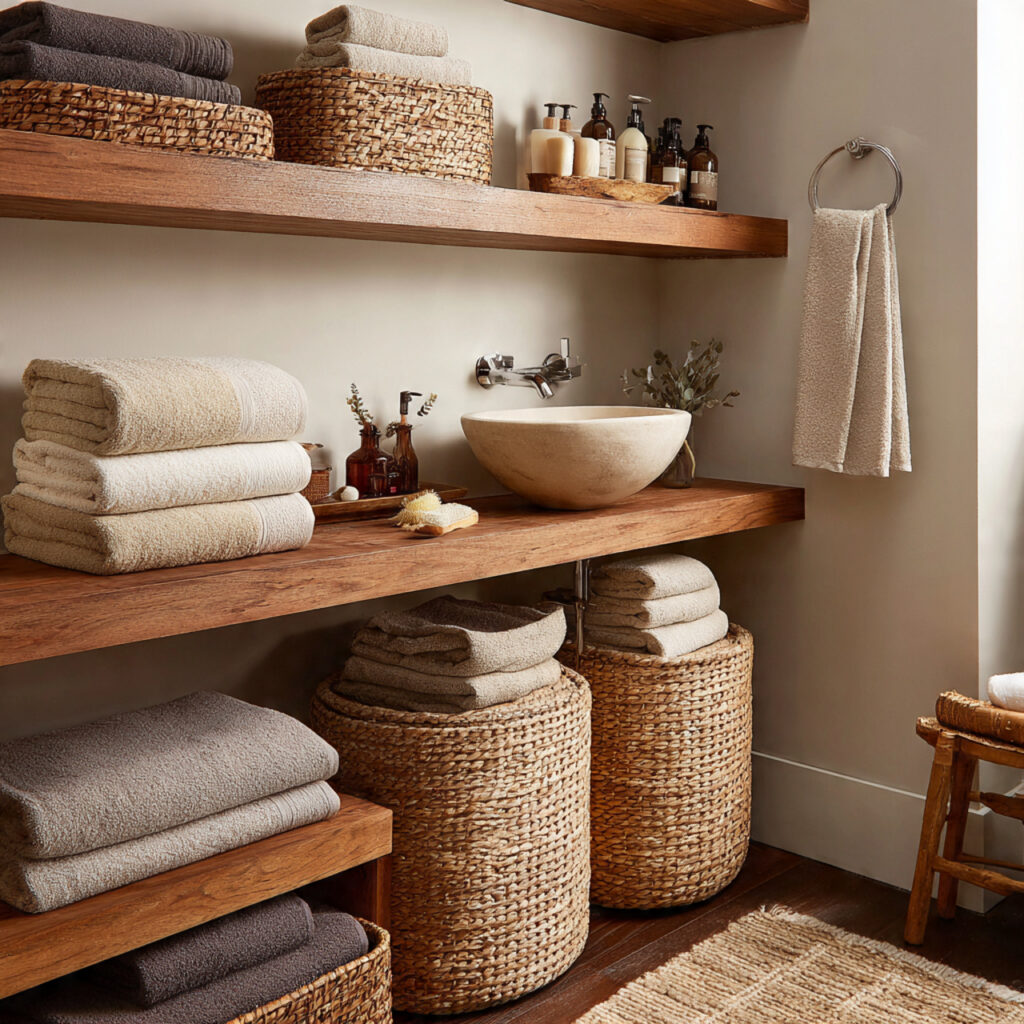 a bathroom with natural woven baskets warm 1
