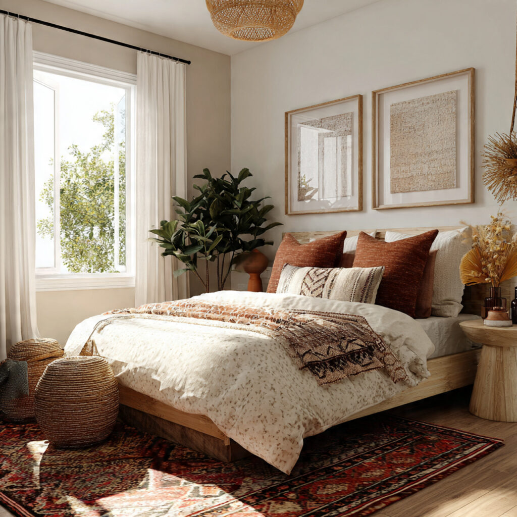 a boho chic guest bedroom with eclectic