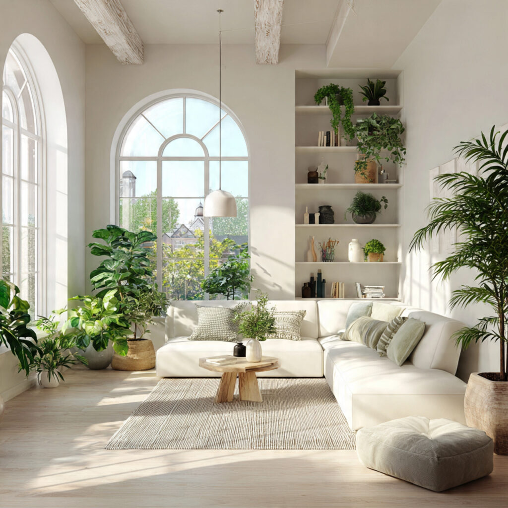 White Living Room With Indoor Plants Idea