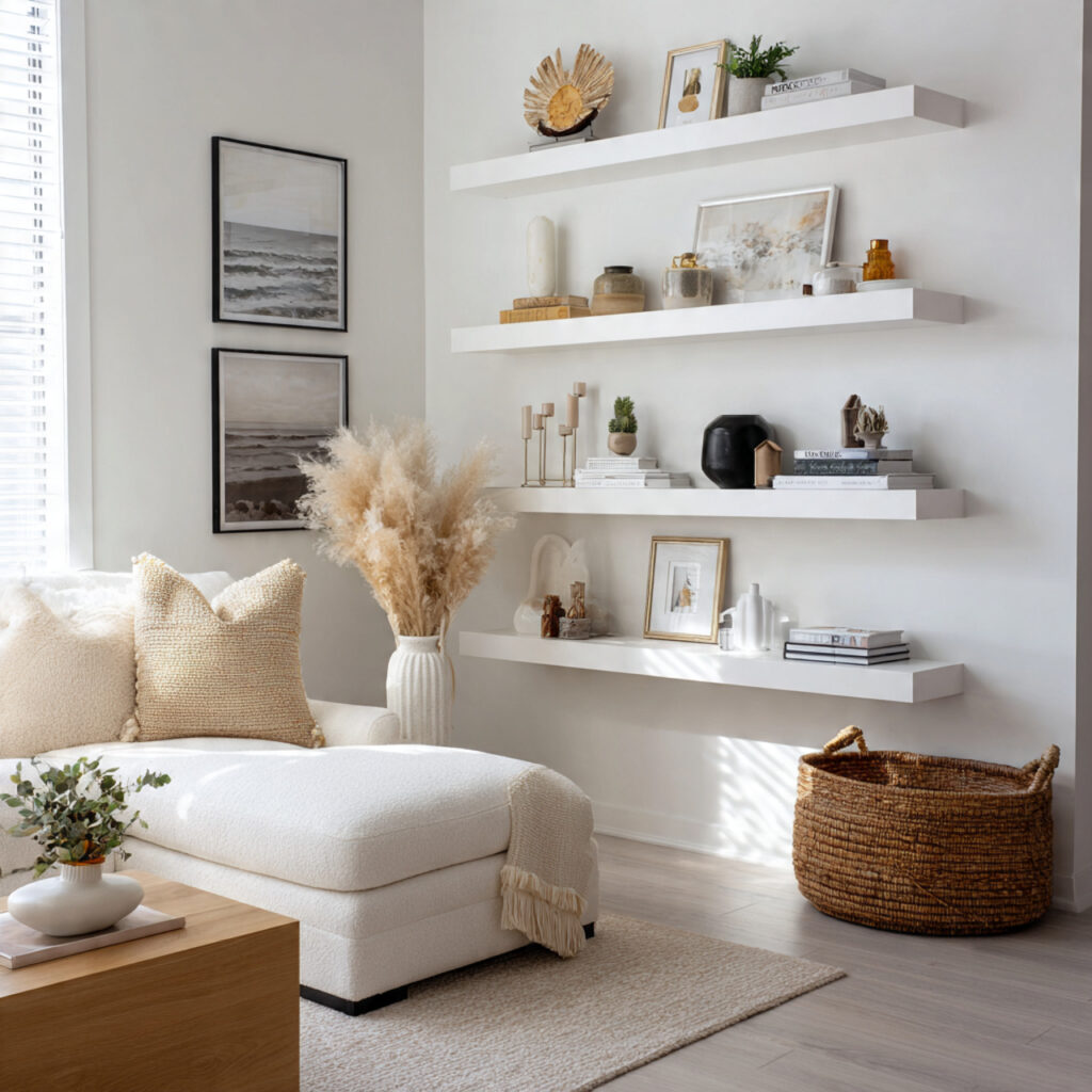 White Living Room With Geometric Decor Idea
