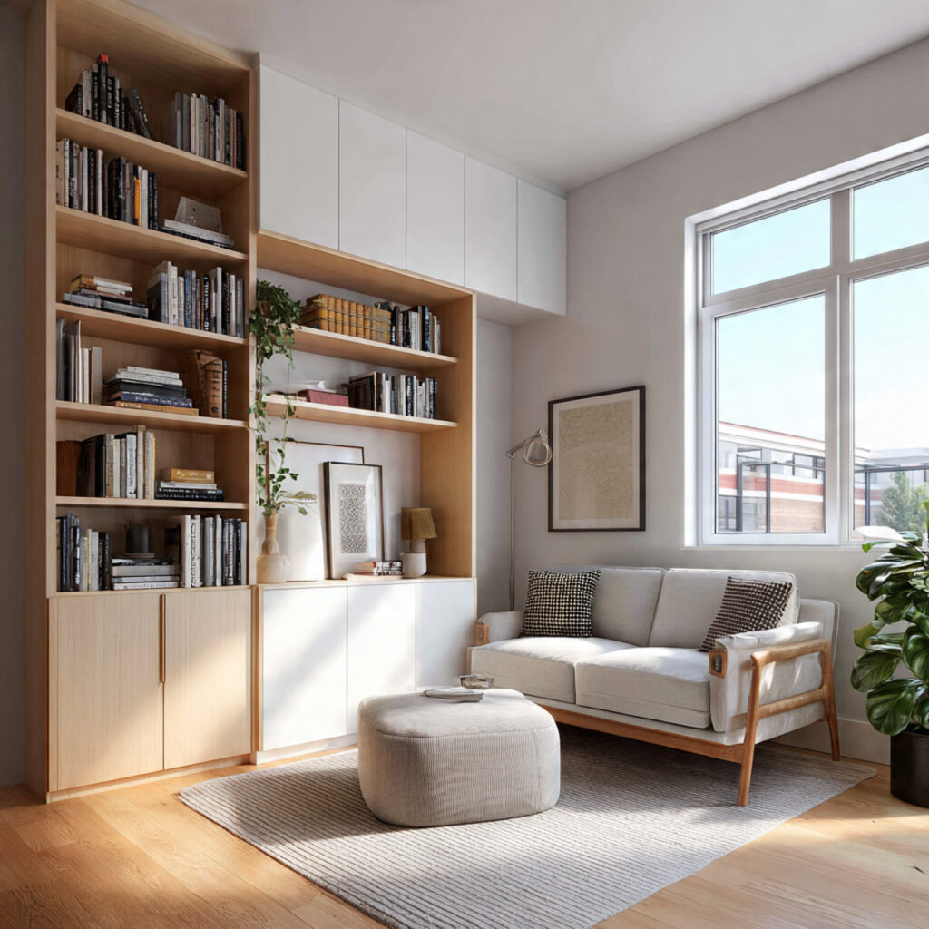 Floating Shelving Compact Living Room Idea