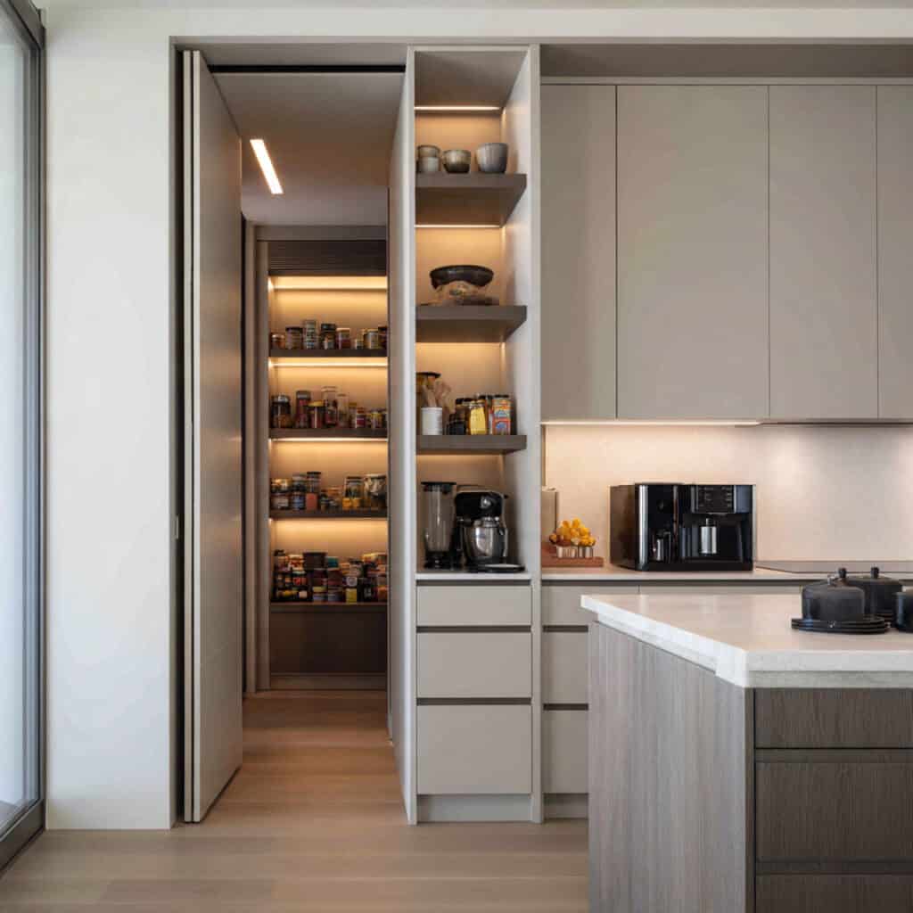 a contemporary kitchen showing a concealed pantry