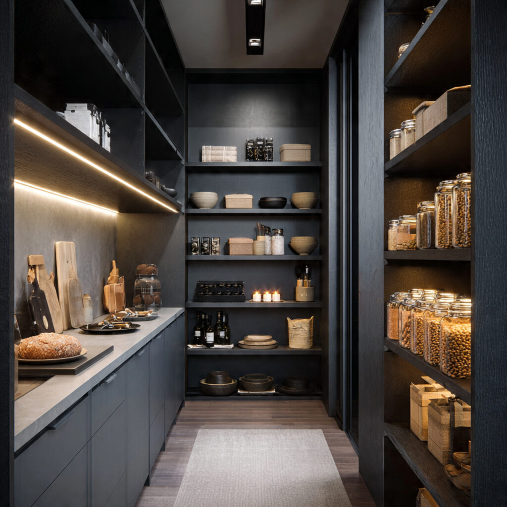 Dark-toned walk in pantry ideas