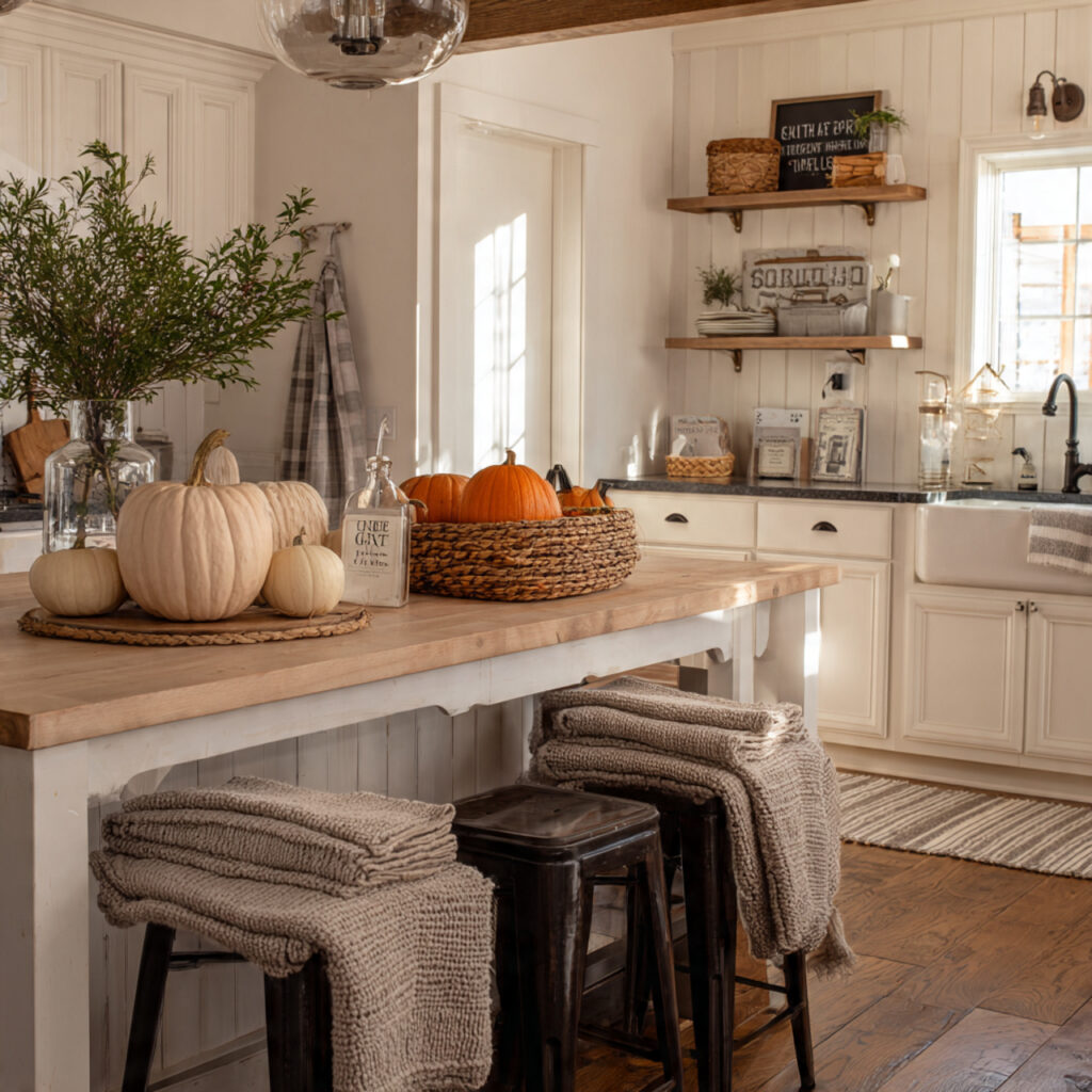 a farmhouse kitchen decorated for halloween with