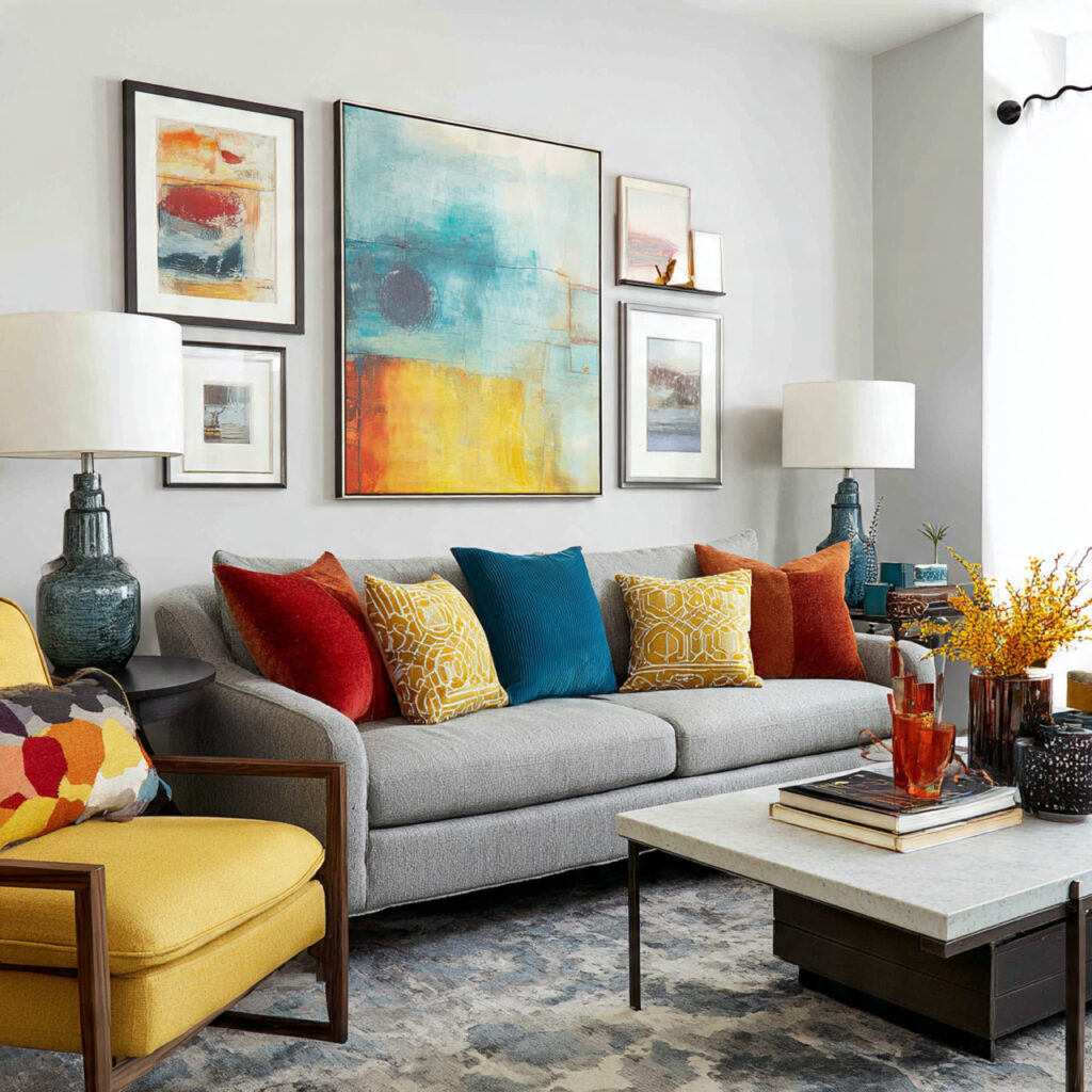 27 Gray Living Room Designs Ideas 2026 | Modern Inspiration 19 Gray Living Room with Pop-Color Accents Ideas