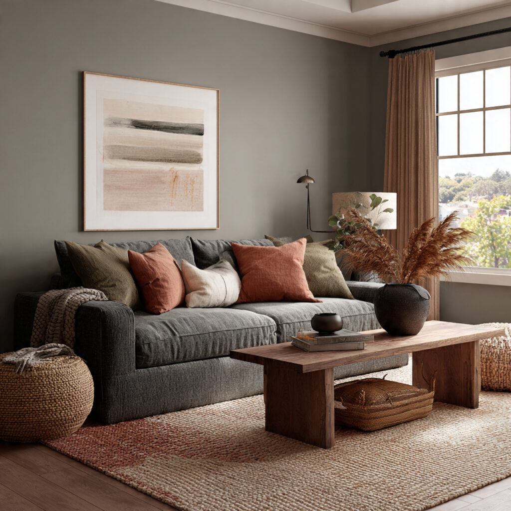 27 Gray Living Room Designs Ideas 2026 | Modern Inspiration 10 Gray Living Room with Earth-Tone Accents