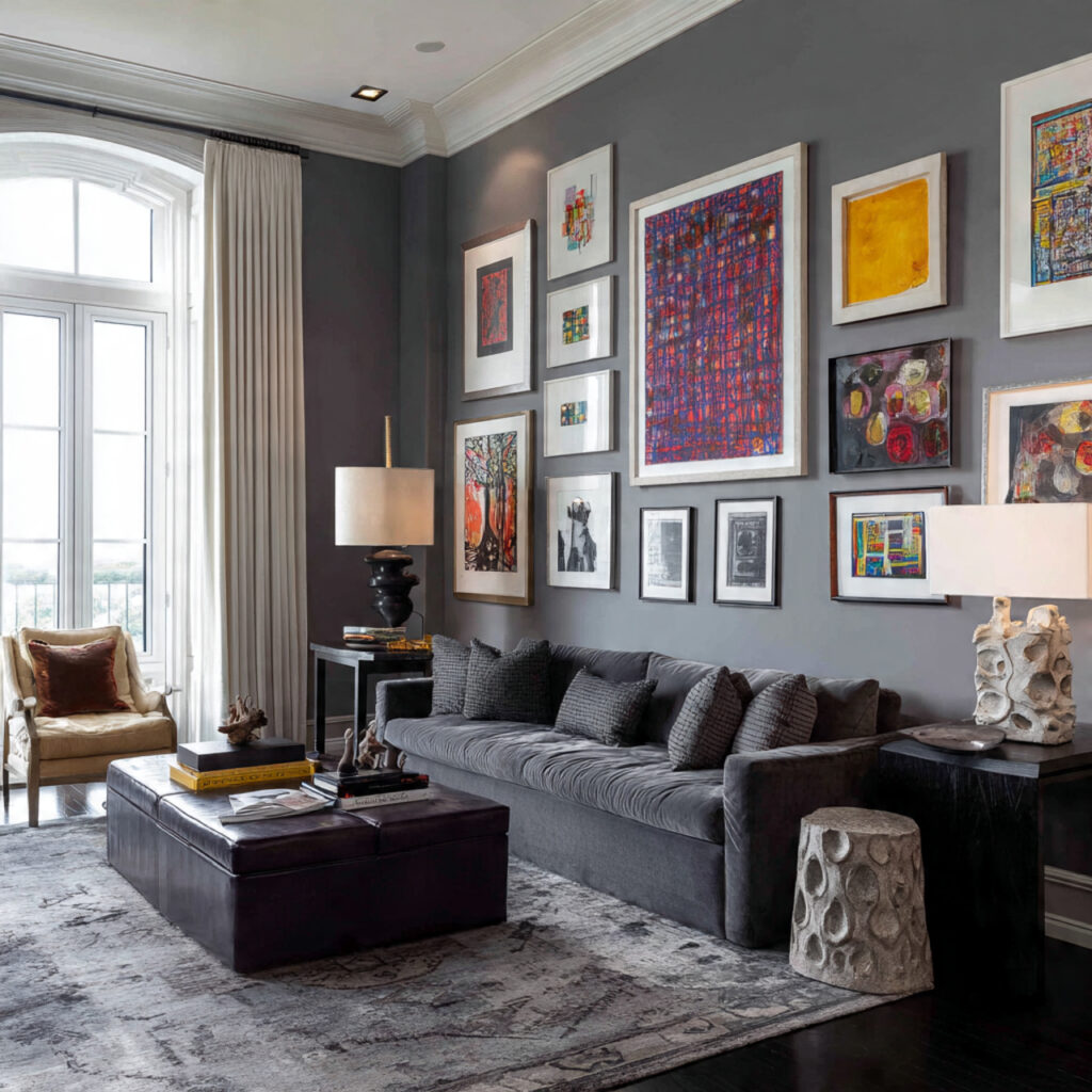 27 Gray Living Room Designs Ideas 2026 | Modern Inspiration 17 Gray Living Room Featuring Artistic Decor Ideas