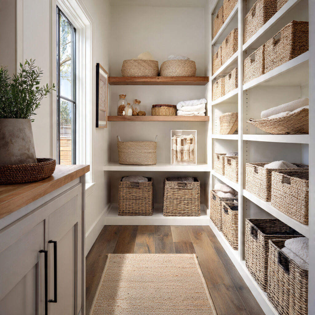 32 Pantry in Laundry Room Ideas 2026: Stylish, Smart & Space-Saving Designs 22 Pantry with Baskets and Bins Ideas