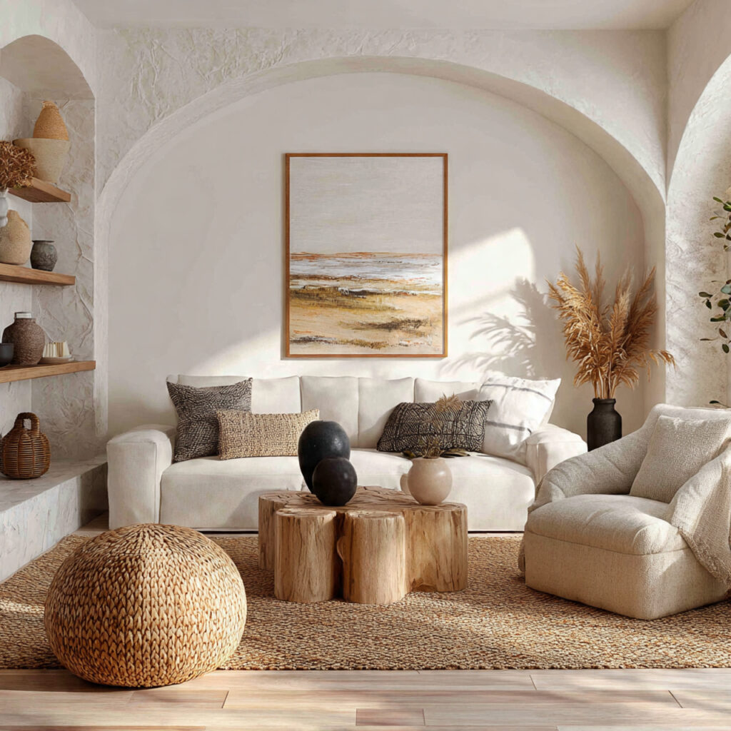 White Living Room With Organic Materials Idea