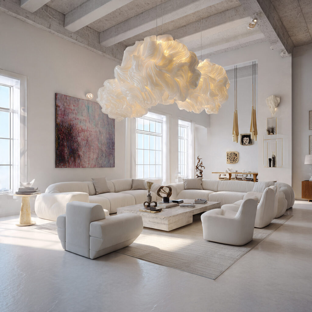 White Living Room With Statement Lighting Idea