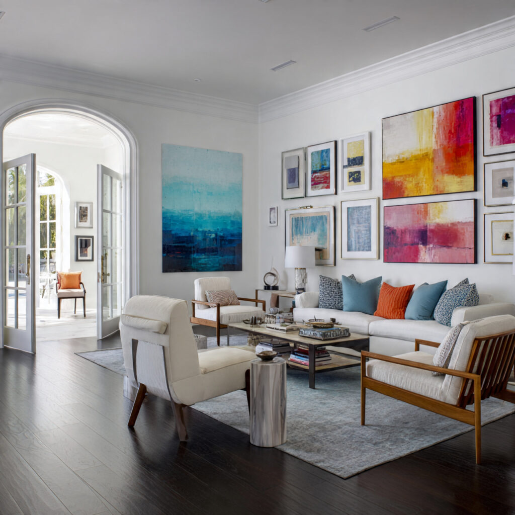 White Living Room With Bold Art Displays Idea