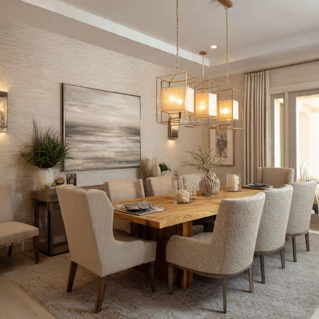 Neutral dining room ideas with layered textures 