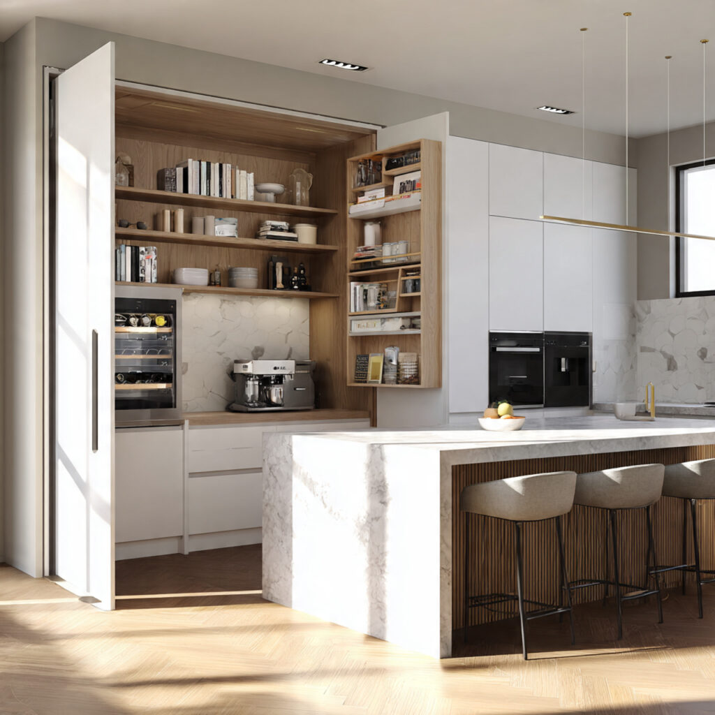 Hidden Pantry Ideas with Natural Wood Accents