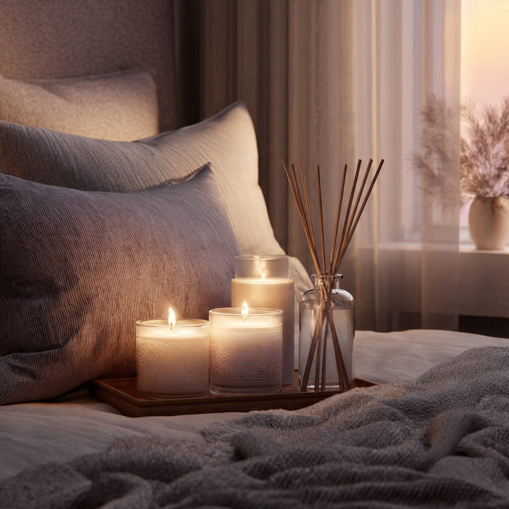 a relaxing bedroom scene with scented candles