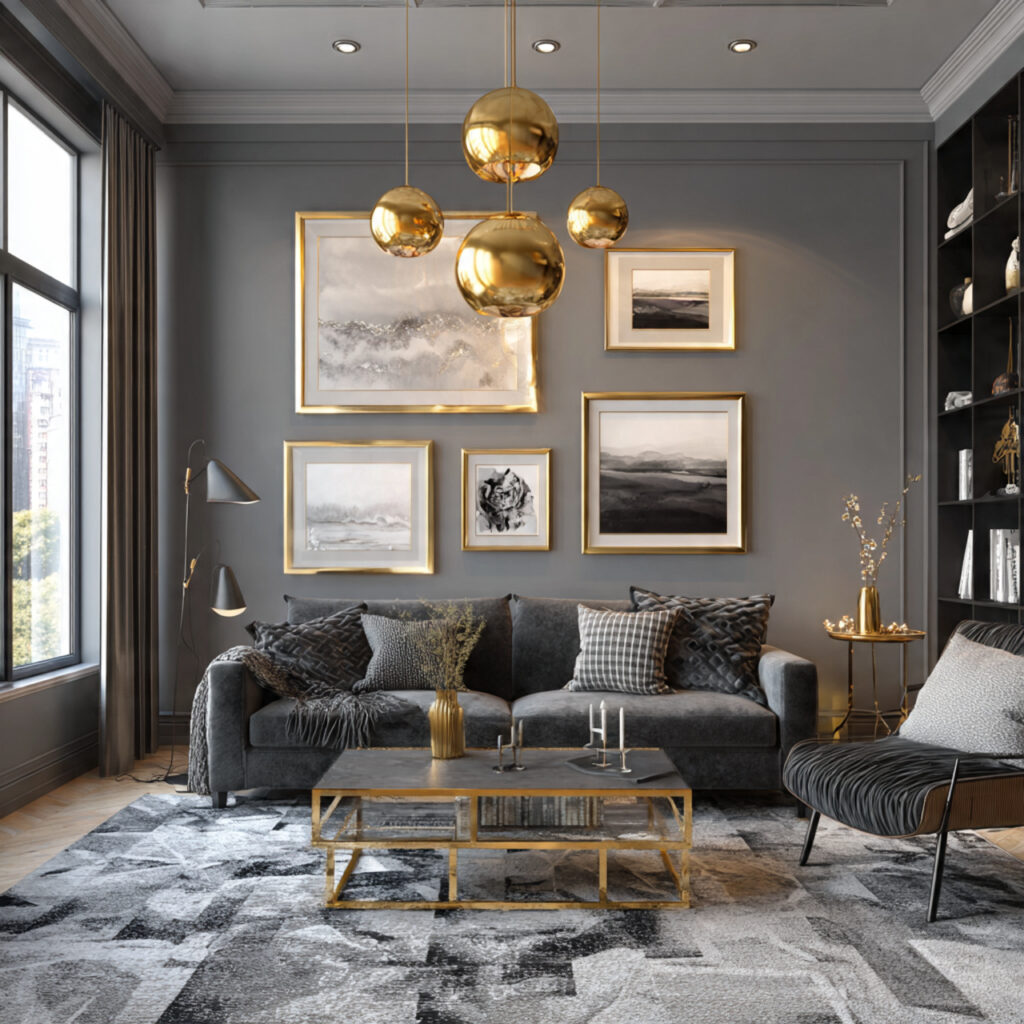 27 Gray Living Room Designs Ideas 2026 | Modern Inspiration 8 Gray Living Room with Metallic Finishes Ideas
