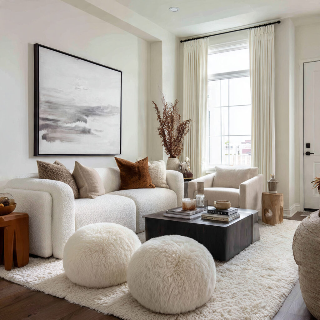 White Living Room With Plush Fabrics Idea