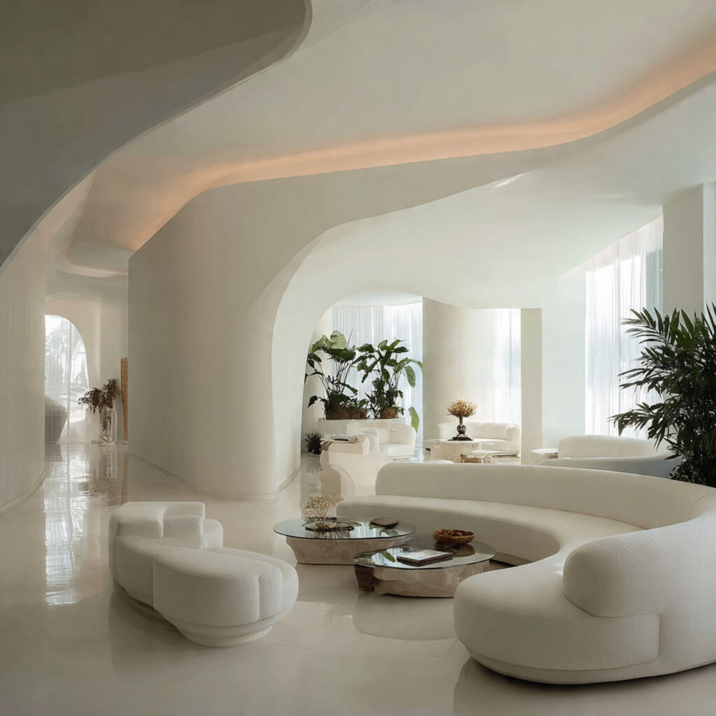 White Living Room With Floating Shelves Idea