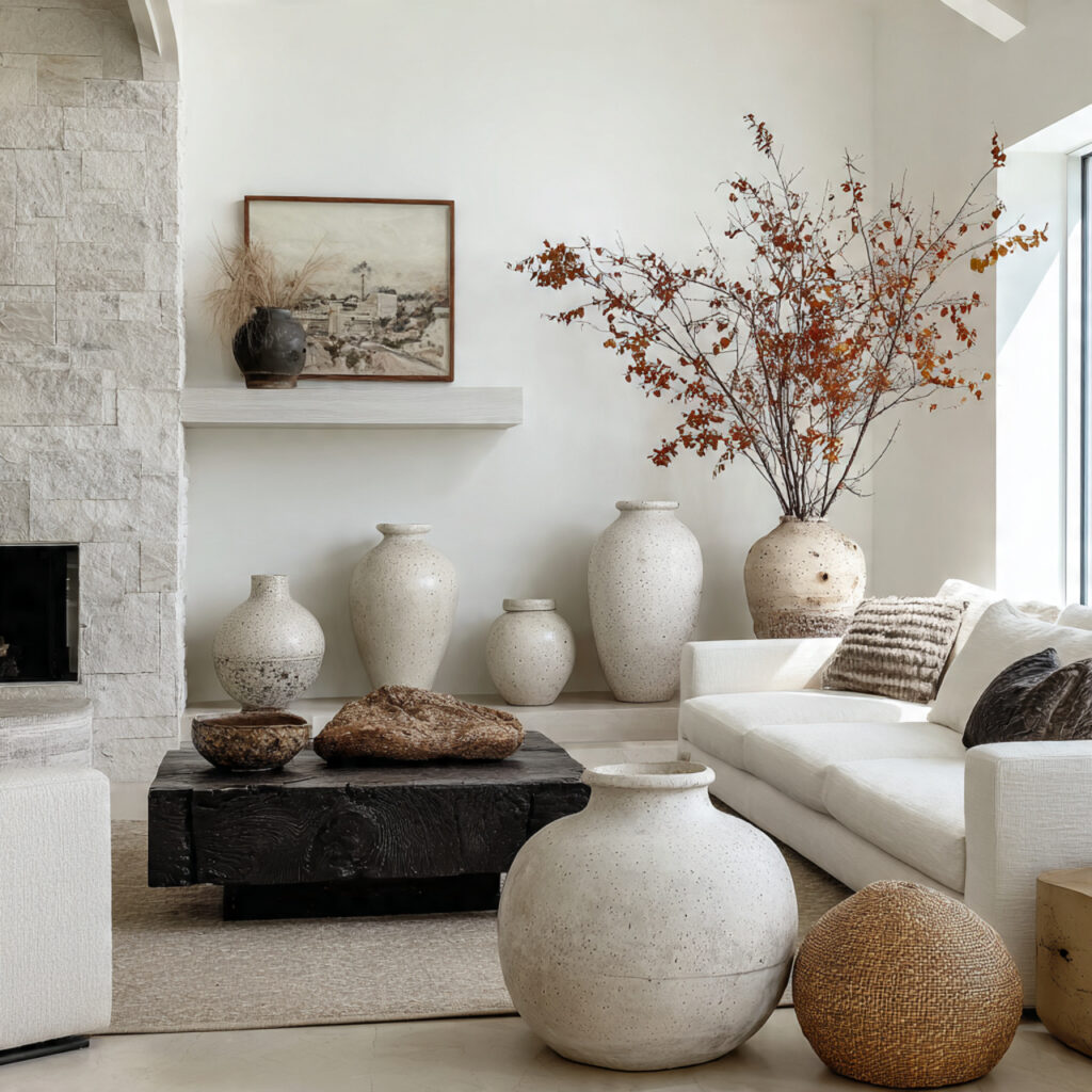 White Living Room With Ceramic and Stone Decor Idea