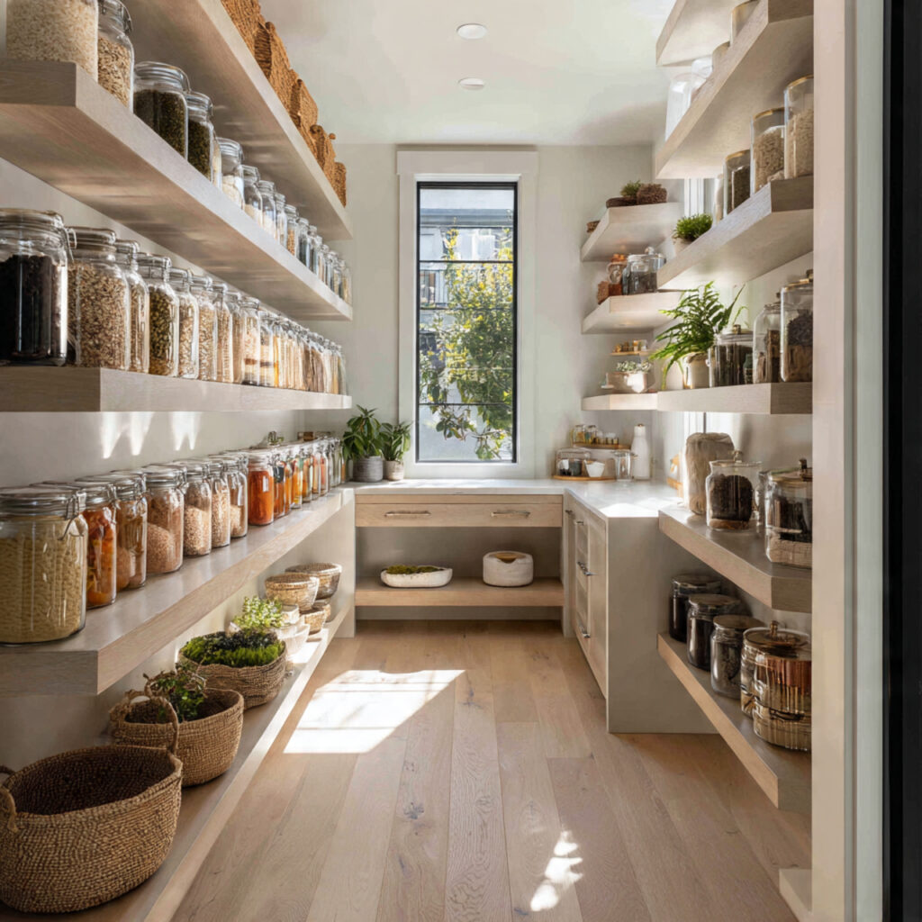 Open shelving walk in pantry ideas