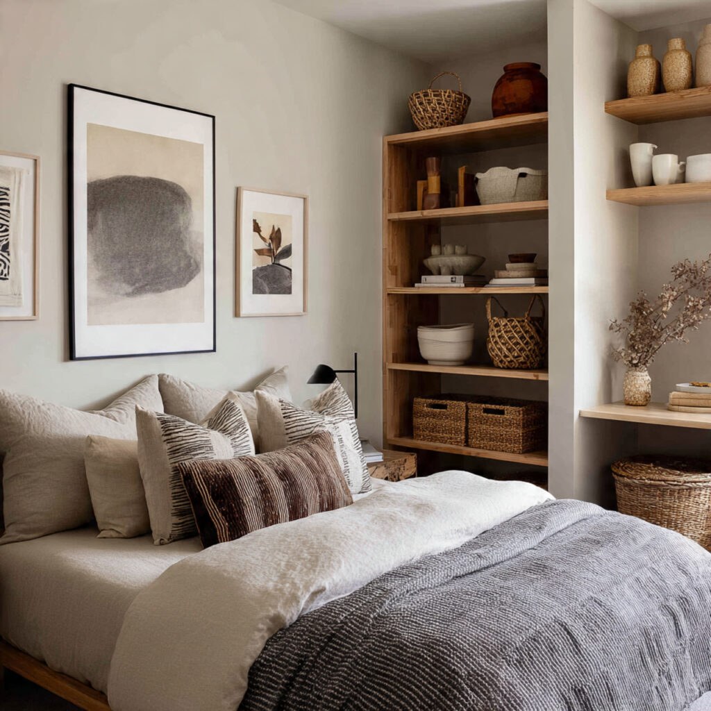 Neutral Bedroom Shelving and Decor Ideas