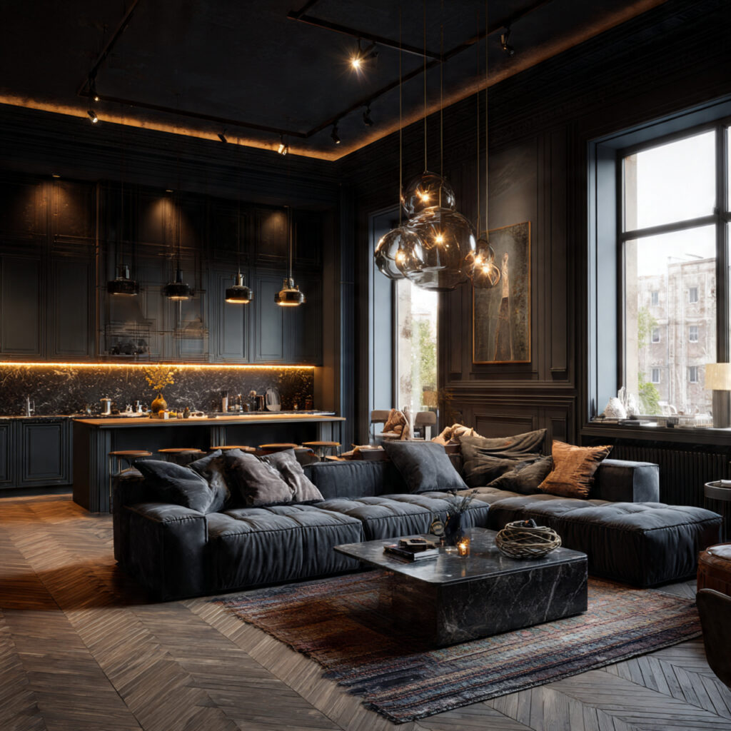 Dark and Moody Open Kitchen Living Idea