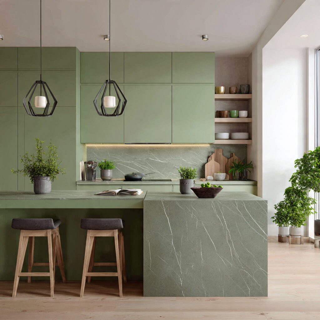 Green Kitchen With Natural Stone Idea