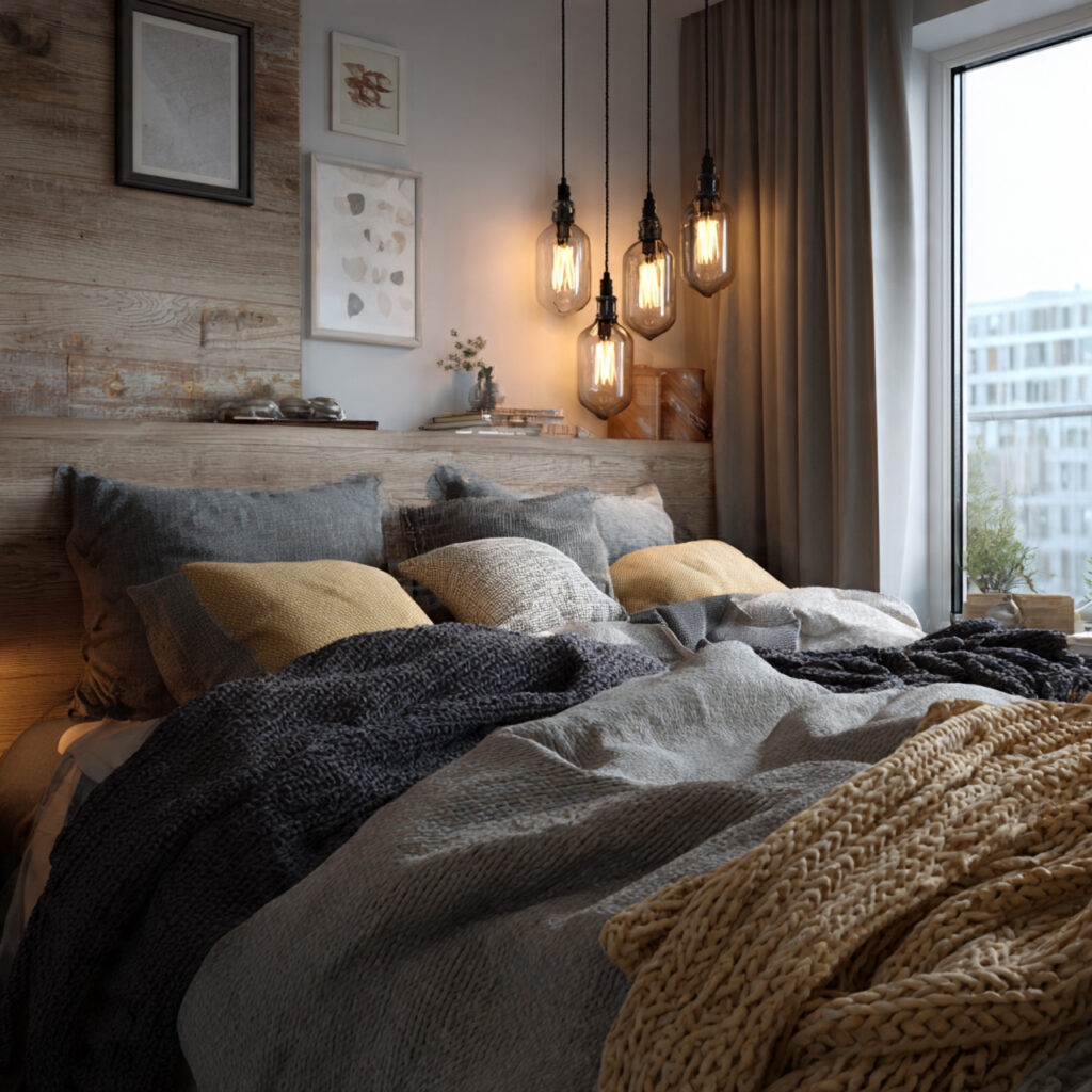 hygge inspired cozy bedroom warm blankets soft lighting