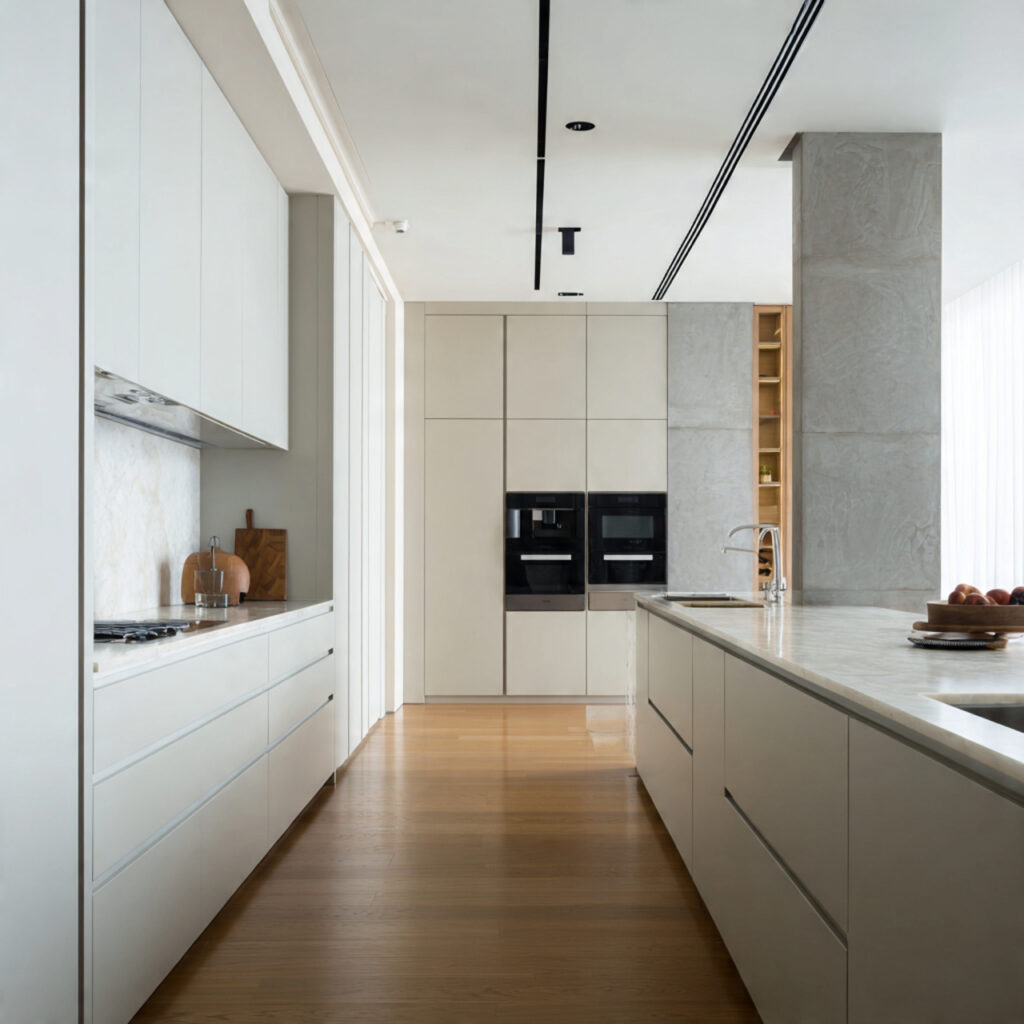 sleek kitchen with a full hidden storage