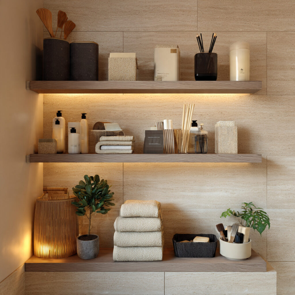 Floating shelf bathroom wall decor ideas