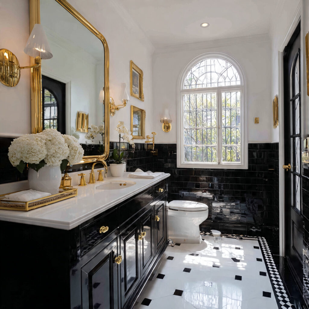 Black and White Bathroom Ideas with Gold Details