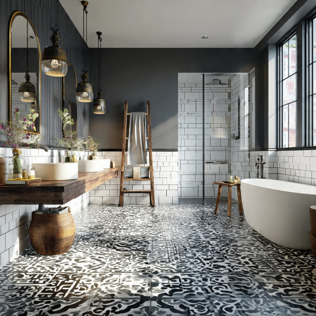 Black and White Bathroom Ideas with Bold Flooring