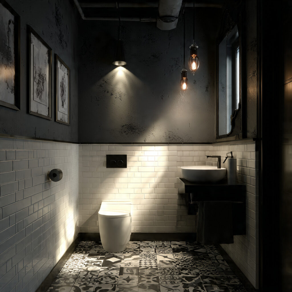 Black and White Bathroom Ideas with Dramatic Lighting