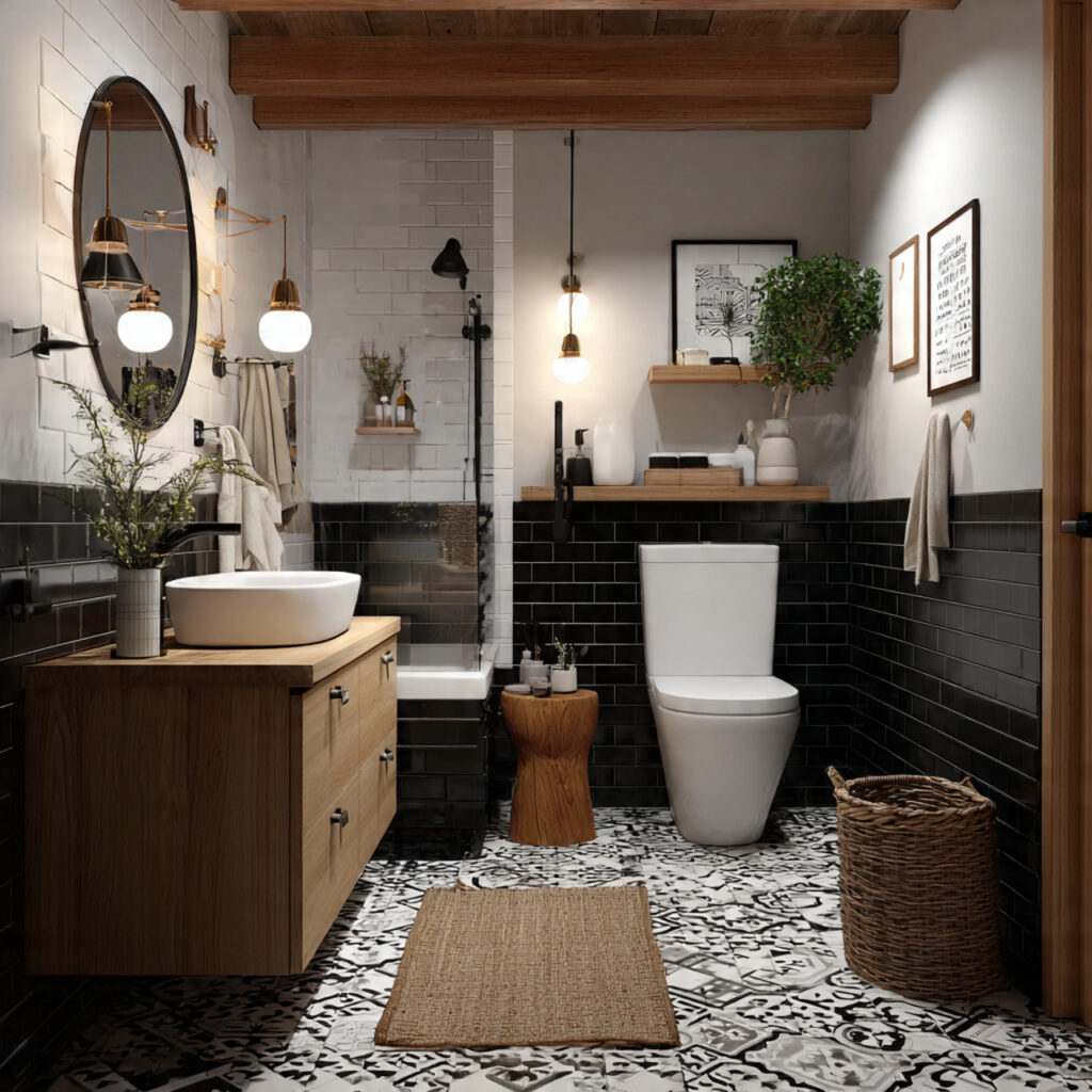 Black and White Bathroom Ideas with Wood Accents