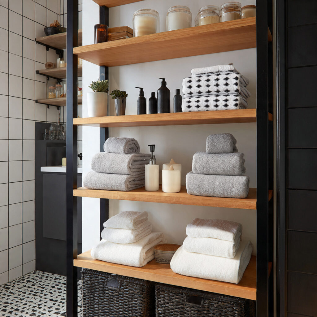 Black and White Bathroom Ideas with Open Shelving