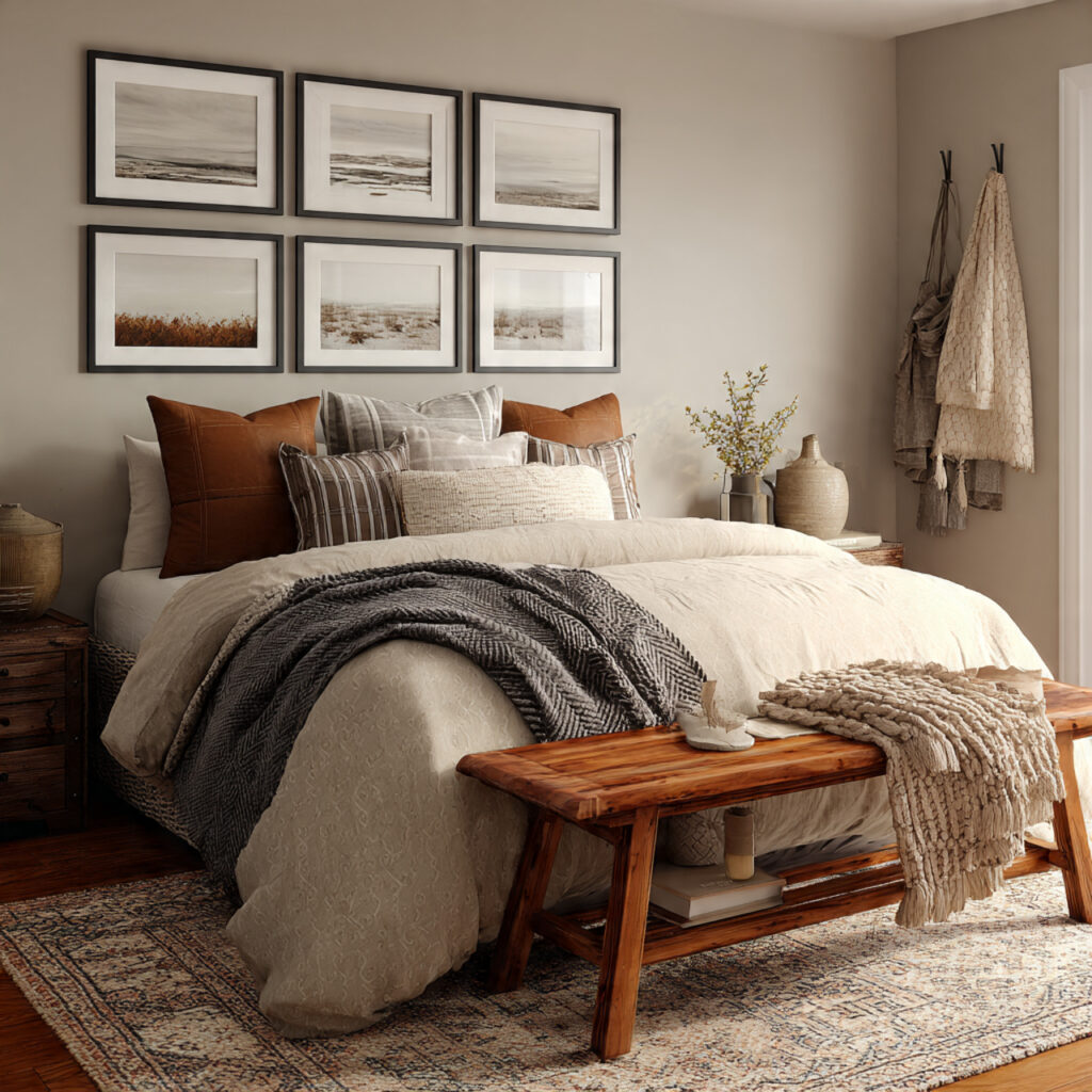 Warm wood bedroom bench ideas