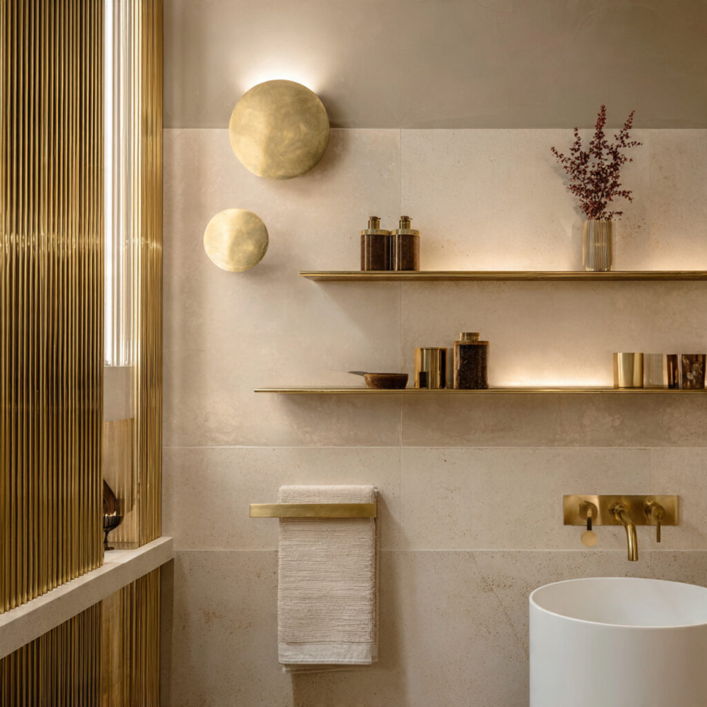 Luxury bathroom wall decor ideas with metallic accents