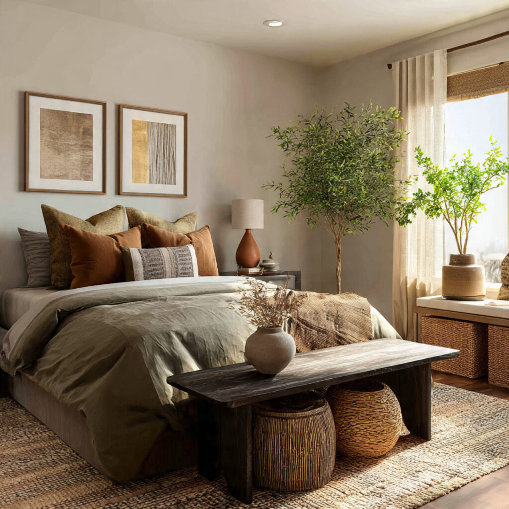 Earth-tone bedroom bench ideas