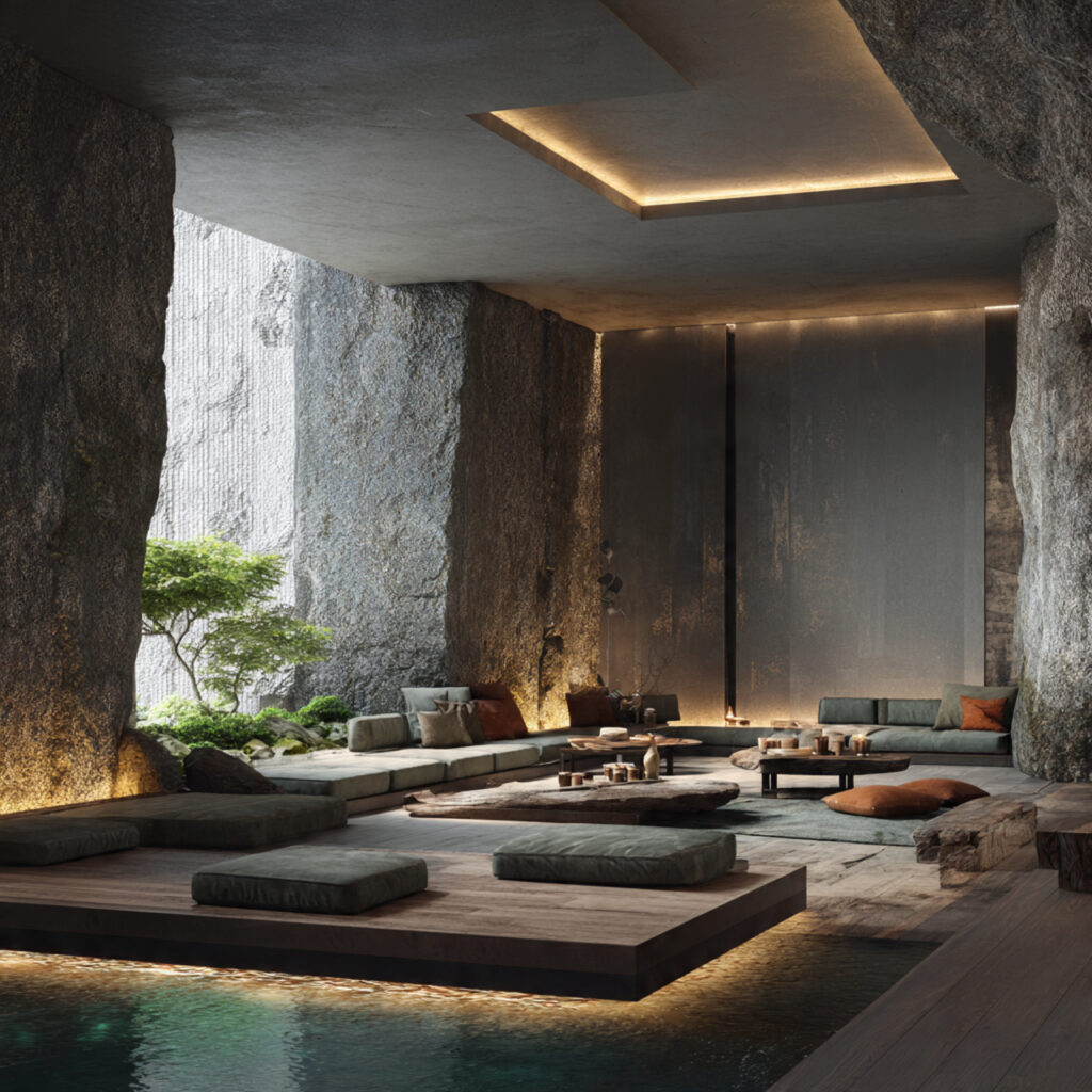 Sunken Living Room Ideas with Textured Walls