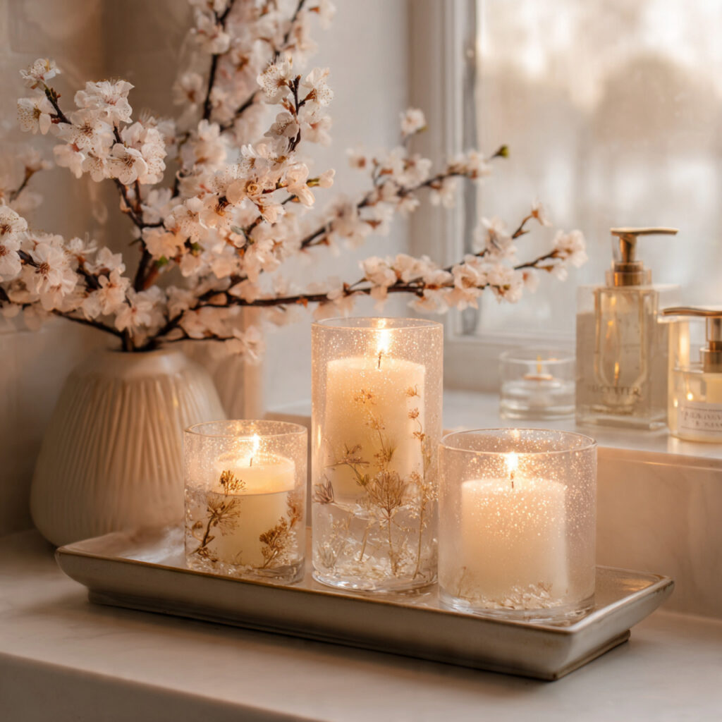 29 Fresh Spring Bathroom Decor Ideas to Try Now 12 Scented Candle Display Ideas