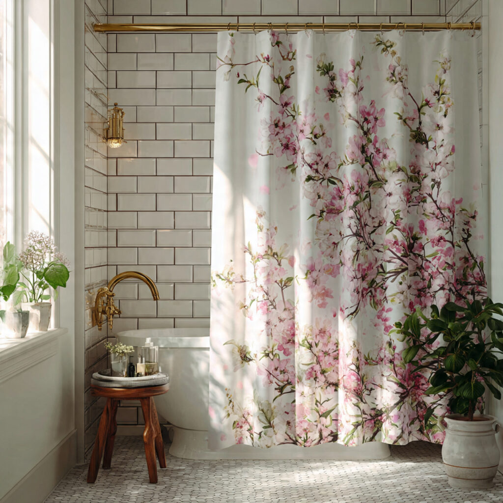 29 Fresh Spring Bathroom Decor Ideas to Try Now 3 elegant bathroom with watercolor wildflower shower curtain