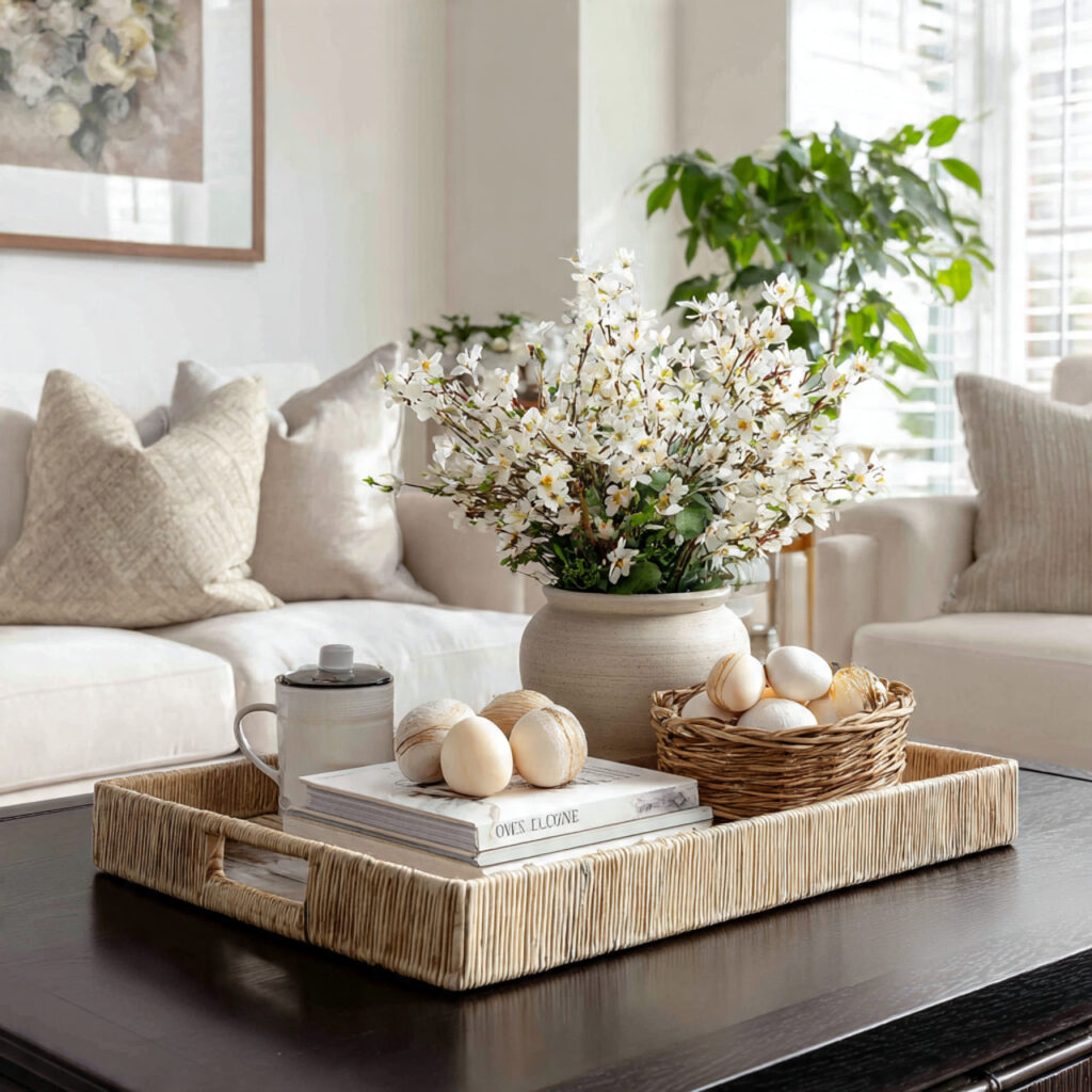 Spring Coffee Table Decor Ideas That Feel Light, Airy, and Beautiful 24 Elegant Tray Coffee Table Decor Ideas