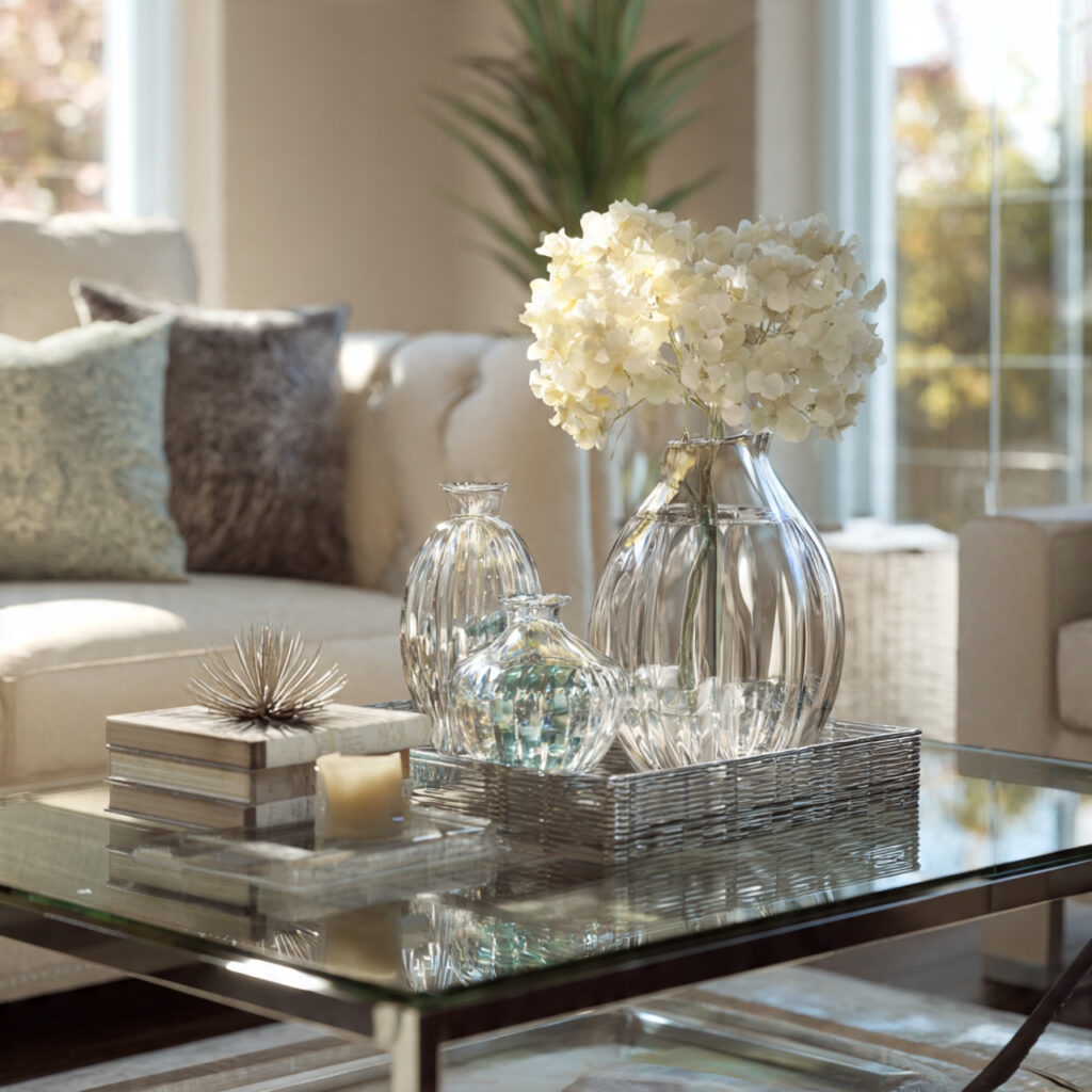 Spring Coffee Table Decor Ideas That Feel Light, Airy, and Beautiful 11 Glass Accent Coffee Table Decor Ideas