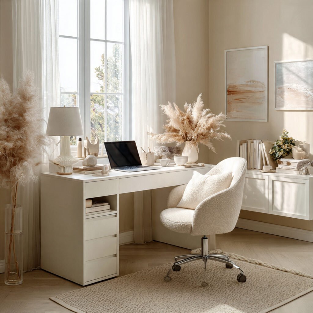 30 Aesthetic Home Office Desk Setup Ideas for Productivity 17 White and Neutral Desk Setup Ideas