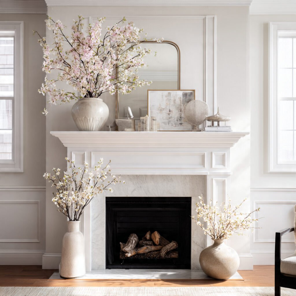 27 Spring Fireplace Ideas to Brighten Your Mantel 24 Bright neutral styling ideas