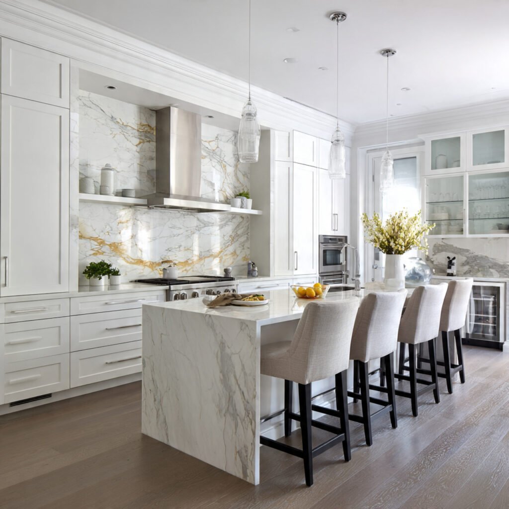 White Kitchen Cabinets with Marble Backsplash Ideas