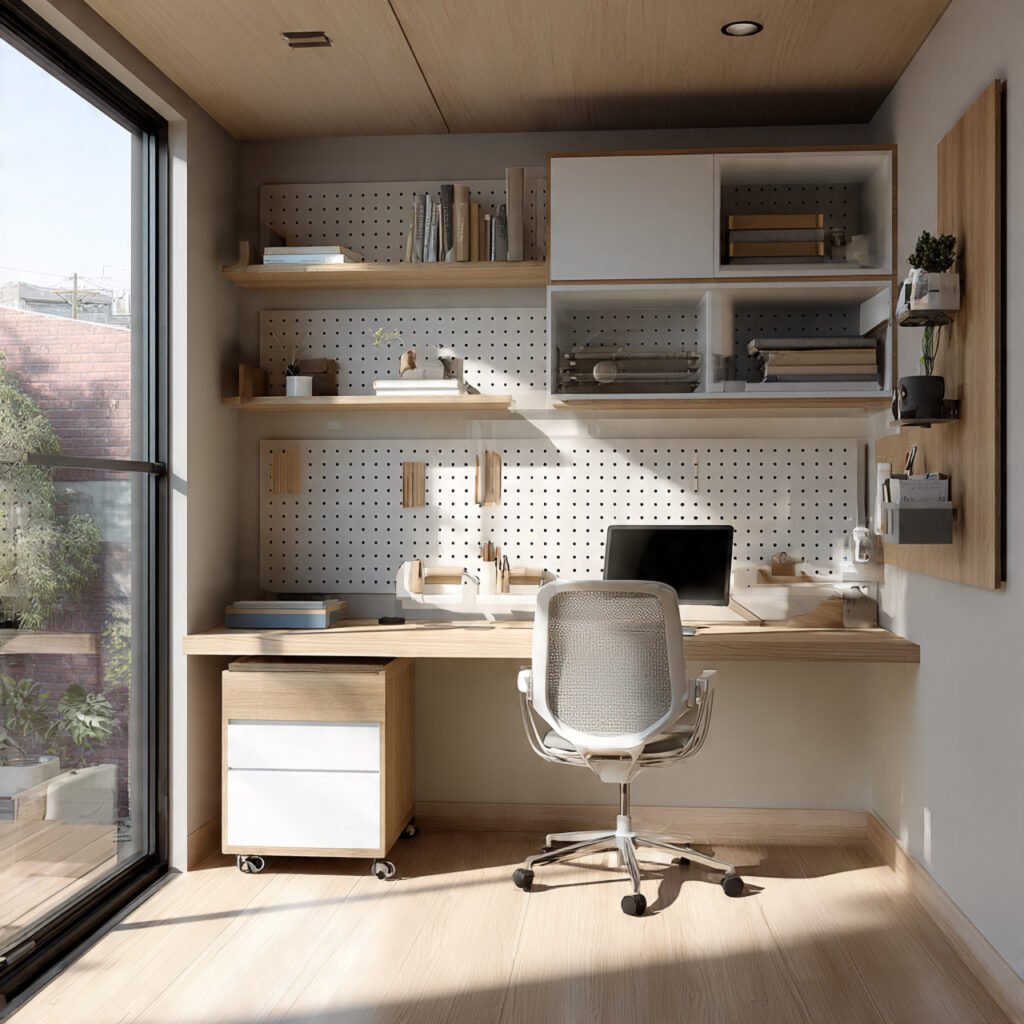 30 Aesthetic Home Office Desk Setup Ideas for Productivity 23 Wall-Mounted Storage Desk Setup Ideas