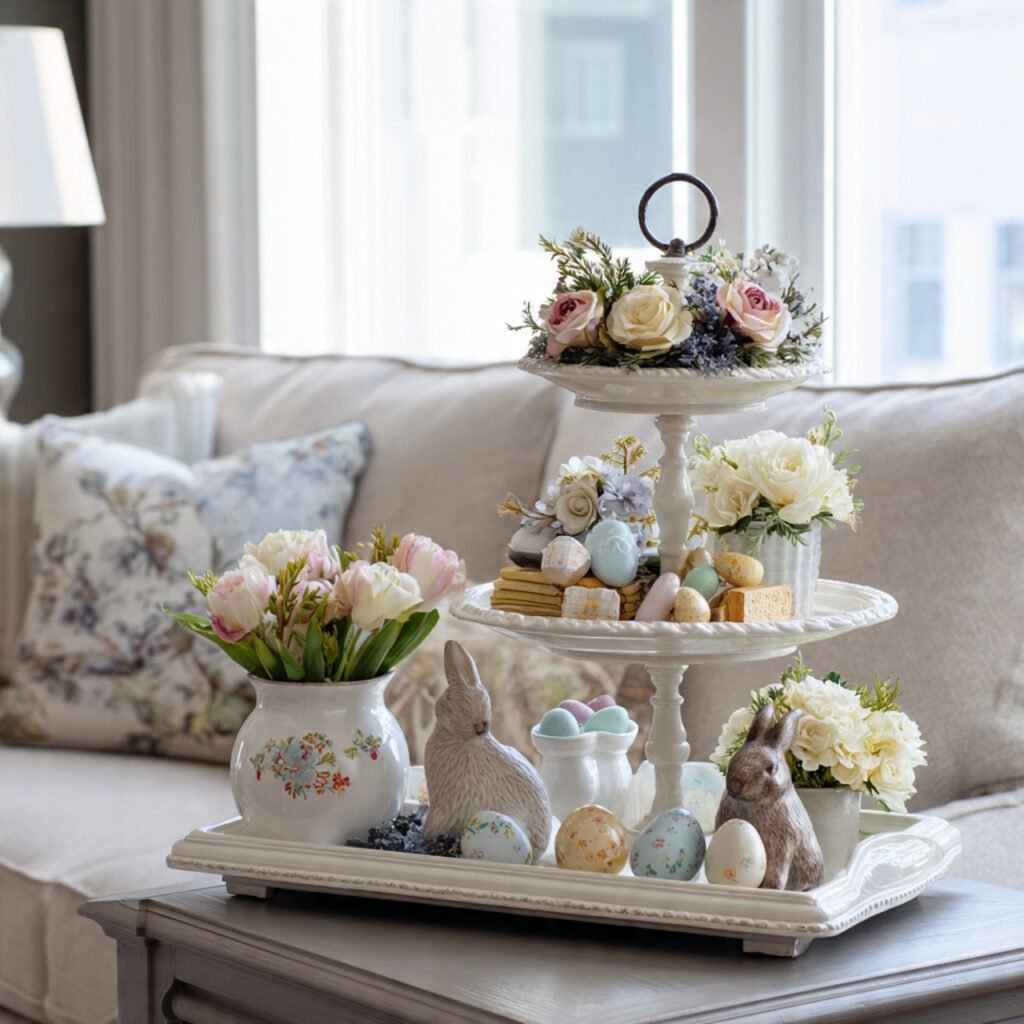 28 Creative Easter Living Room Decor Ideas for a Stylish Home 22 Easter Tiered Tray Decor Ideas