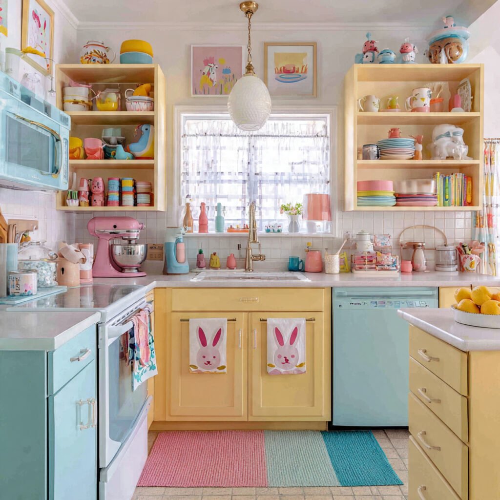 design a playful kitchen with colorful bunny theme