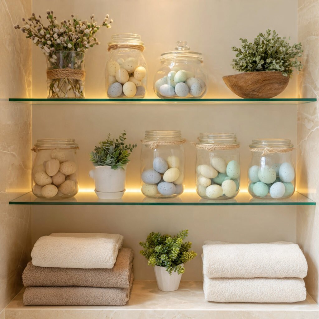 27 Creative Easter Bathroom Decor Ideas for Small & Stylish Spaces 5 Easter Egg Shelf Styling Ideas